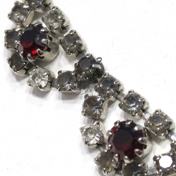 Vintage 1960s Rhinestone Choker Necklace, Rhodium Plated, Red Gray Clear Stones - Picture 3 of 10